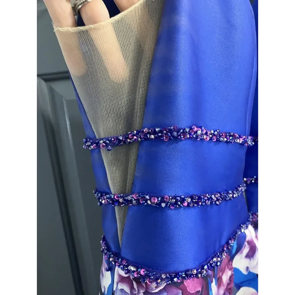 Ellie Wilde Mon Cheri EW118006 Blue V-neck A-line Floral Gown Prom 16/18* Read